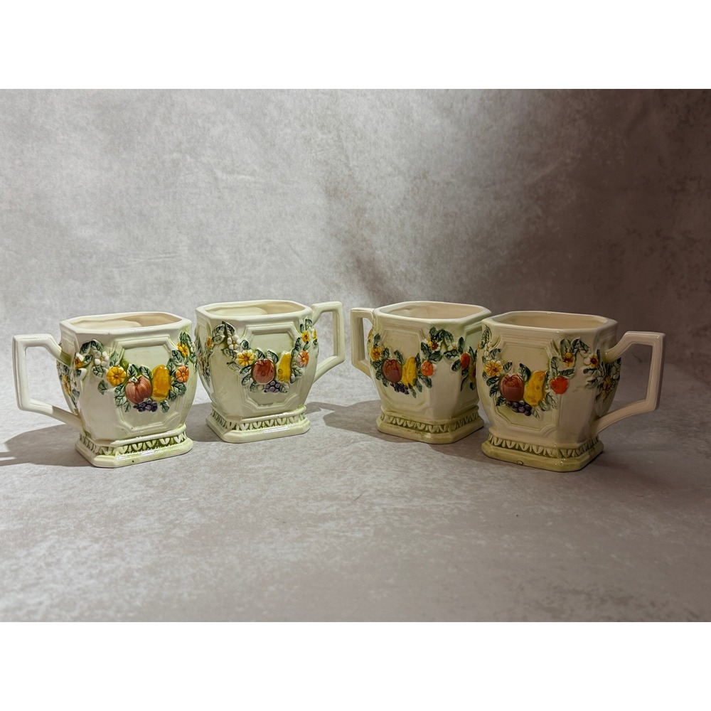 Lefton Fruit Fantasia Daisy Raised Relief Ceramic‎ Mugs Set of 4 Square Pedestal